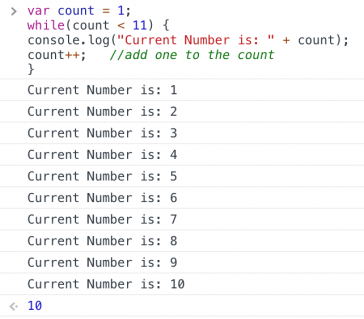 console log of 1 through 10