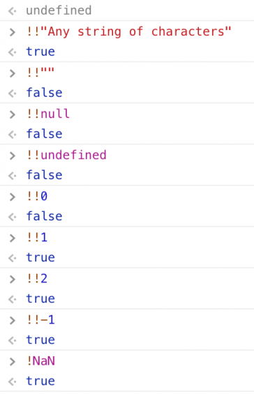 truthy falsy samples in console