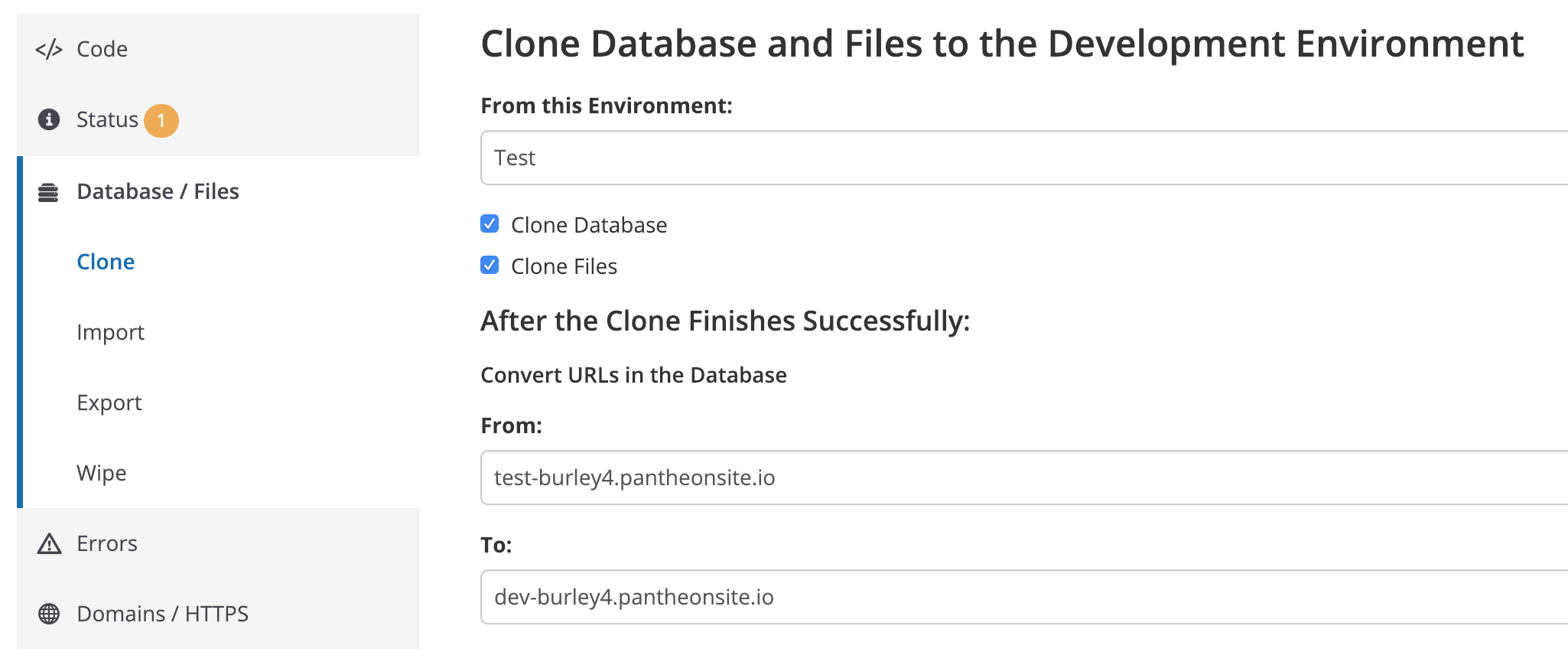 Pantheon Dashboard Database Management Tab