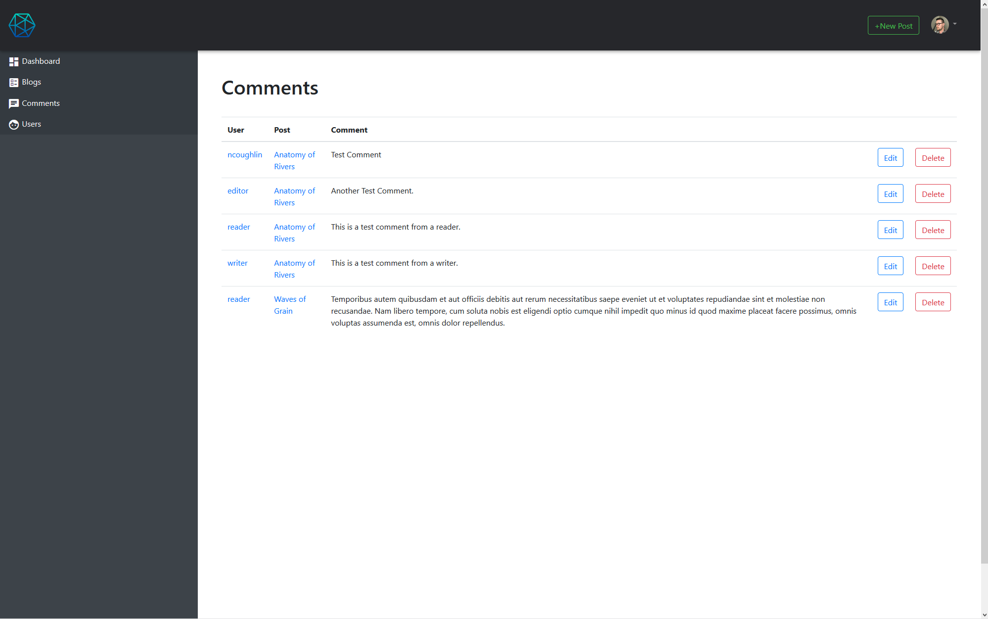 comments dashboard