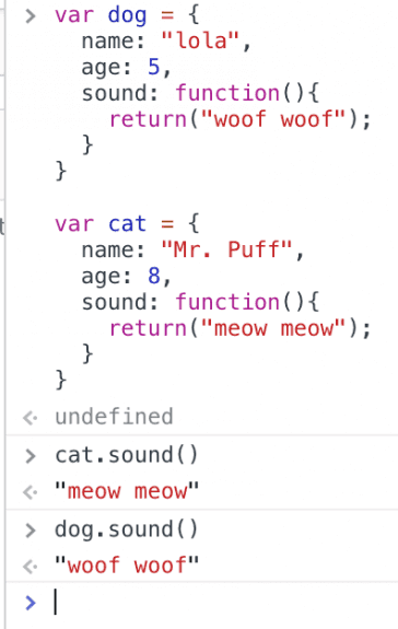 meow meow, woof woof in console